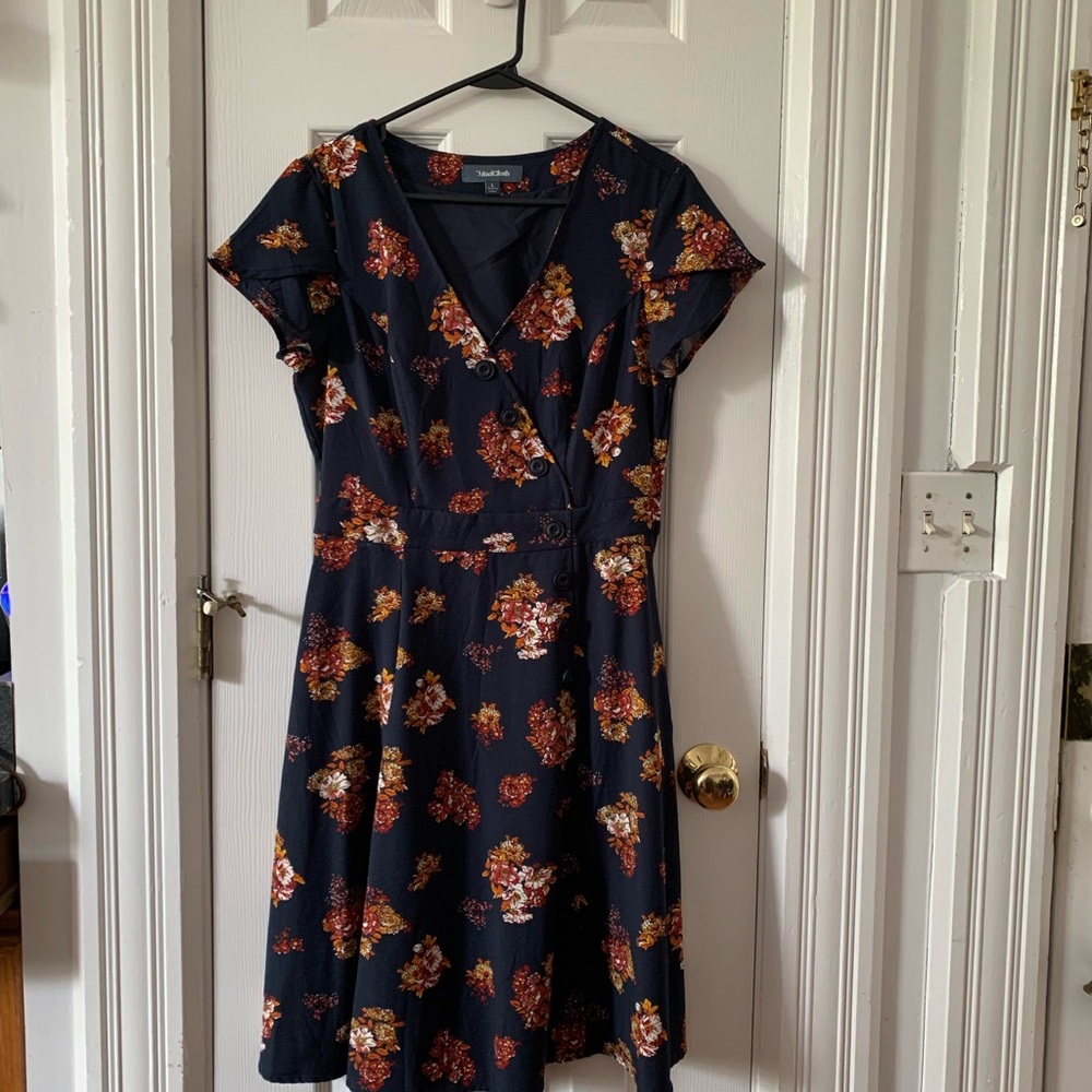 Modcloth Navy Midi Wrap Dress with Rust Floral Print